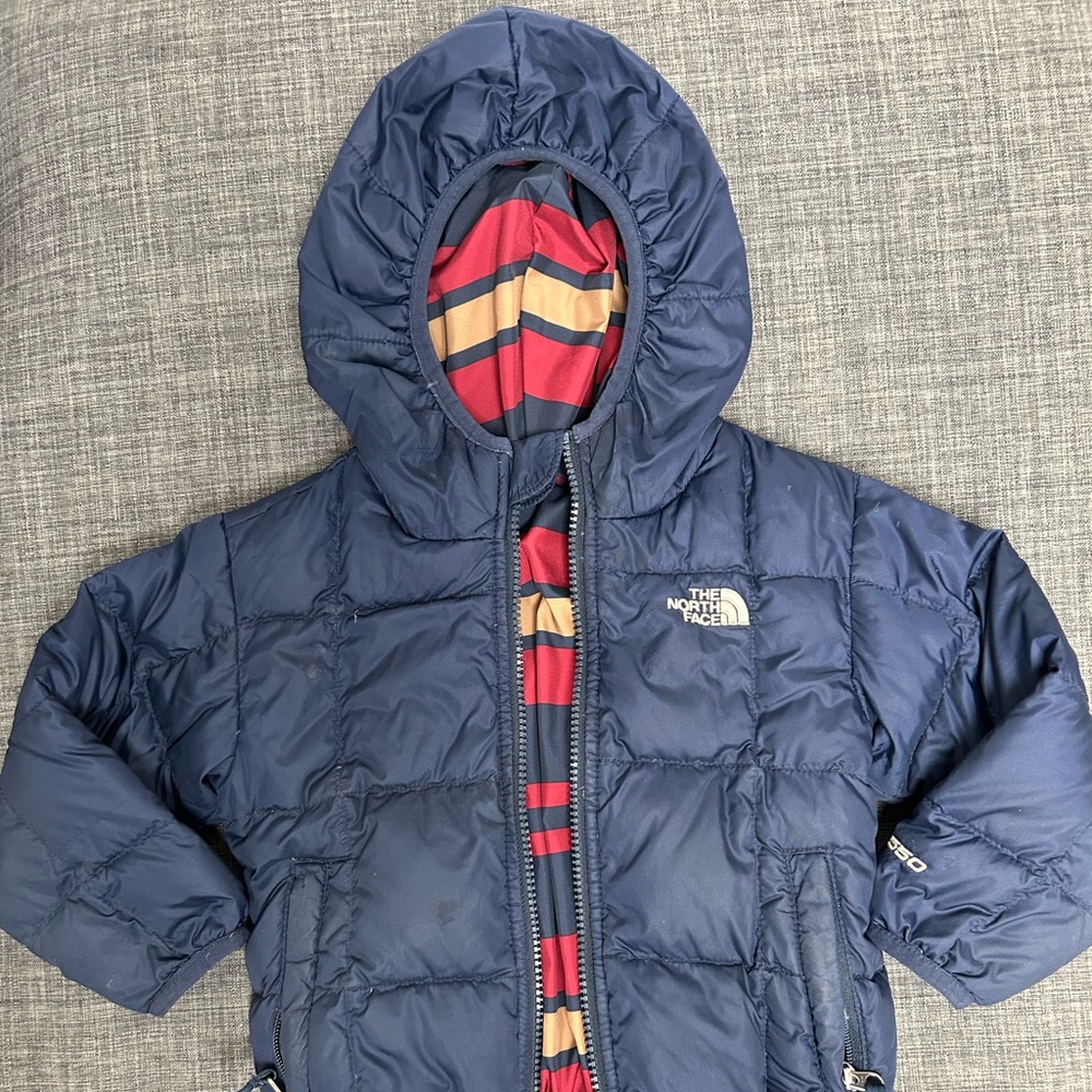 North Face Toddler Puffer Jacket - 2T - Fully Reversible- Navy & Striped